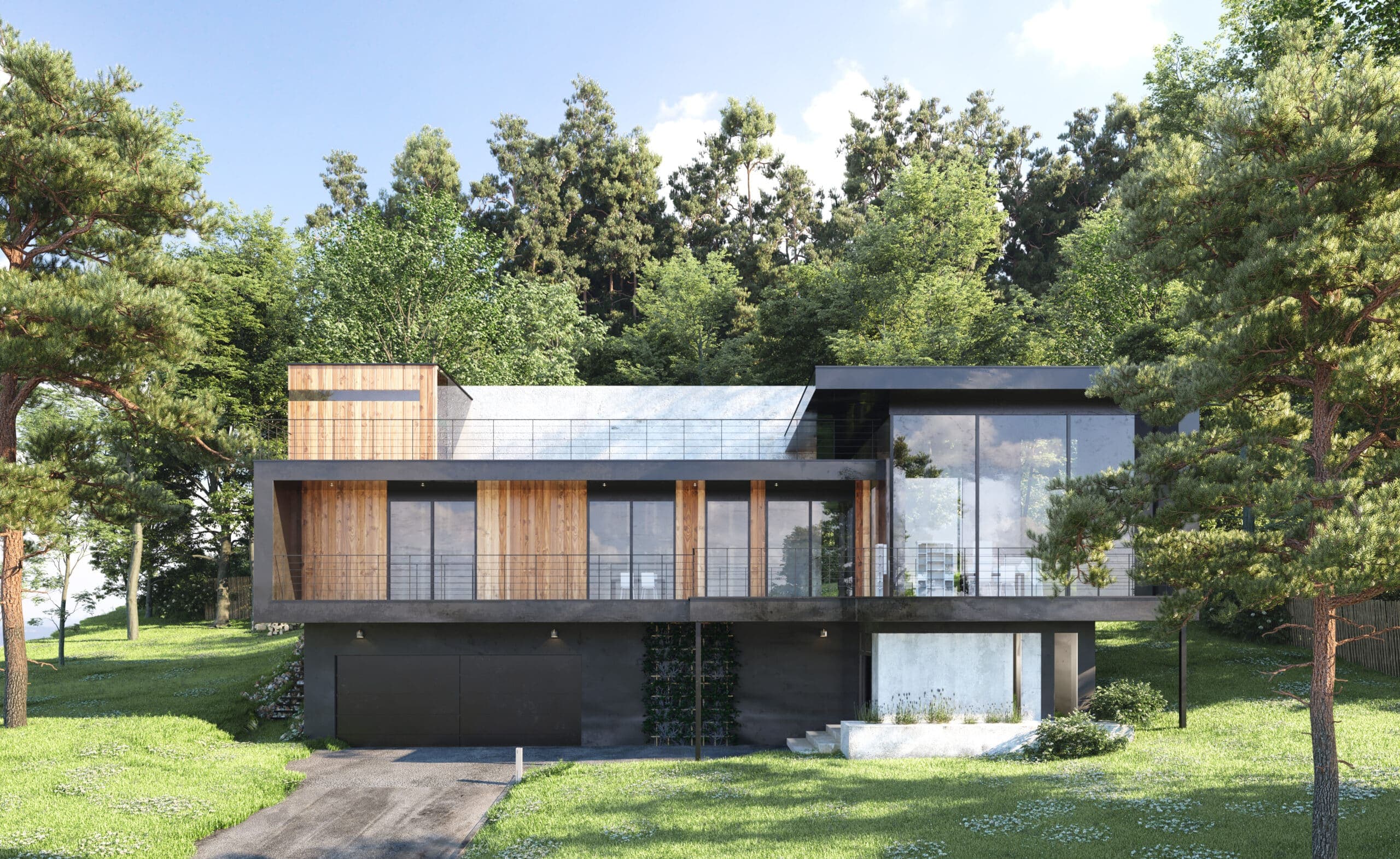 Moderne arkitekttegnet hus med to etasjer i naturskjønt område. Huset har store glassflater, trebekleding og betongfasade, med flatt tak og minimalistisk design. I motsetning til standardiserte ferdighus, viser dette arkitekttegnede huset unike løsninger tilpasset tomten med integrerte balkongløsninger og skreddersydd materialbruk. Huset er omgitt av høye furutrær og grønt terreng. Brukt som illustrasjon i artikkel om arkitekttegnet vs. ferdighus